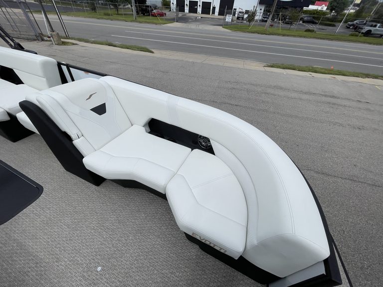 White luxury boat seating with modern design at Hall's Sport Center.