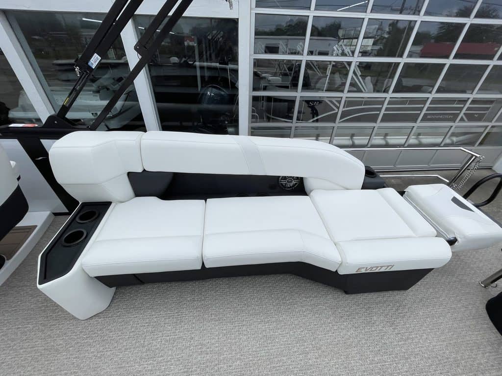Luxury white lounge chair on display at Hall's Sport Center.