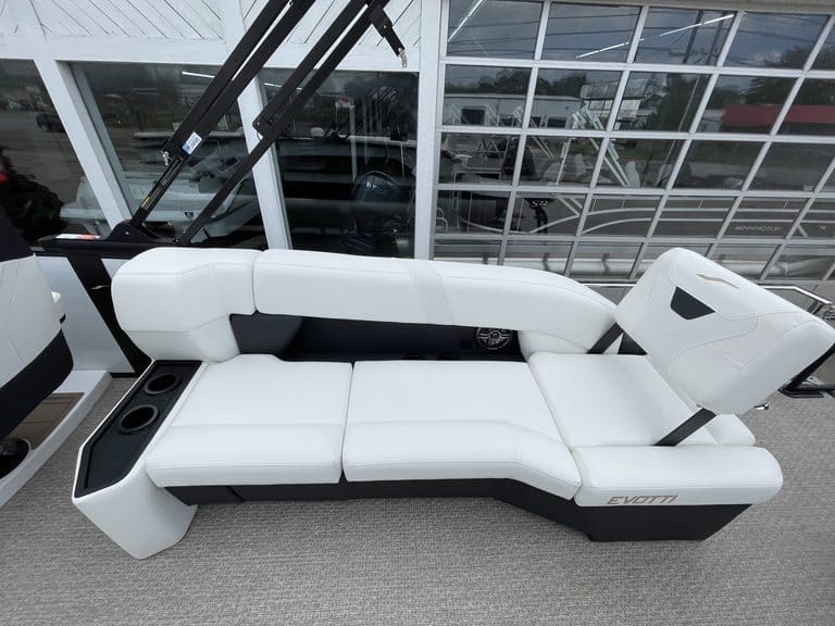 Luxury white boat seat with black accents at Hall's Sport Center.