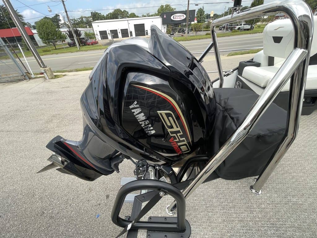 Boat with Yamaha outboard motor at Hall's Sport Center.