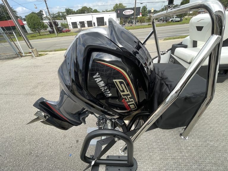 Boat with Yamaha outboard motor at Hall's Sport Center.