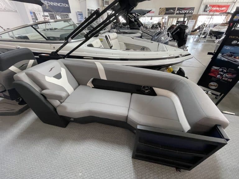 Modern pontoon boat with sleek design at Hall's Sport Center.