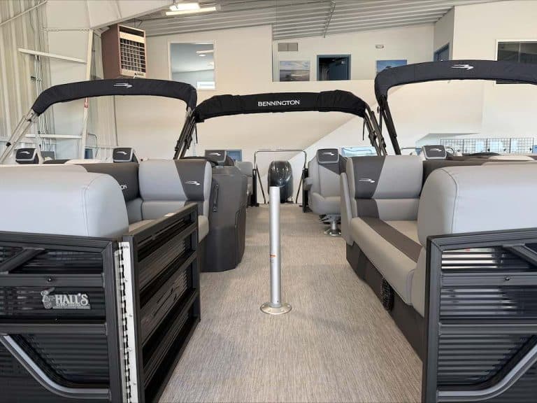Bennington pontoon boat interior with seating and steering stations.
