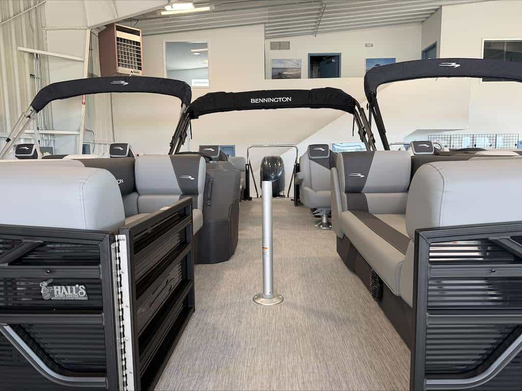 Bennington pontoon boat interior with seating and steering stations.