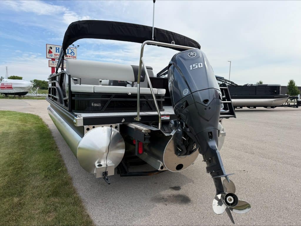 Pontoon boat with Yamaha 150 engine at Hall's Sport Center.