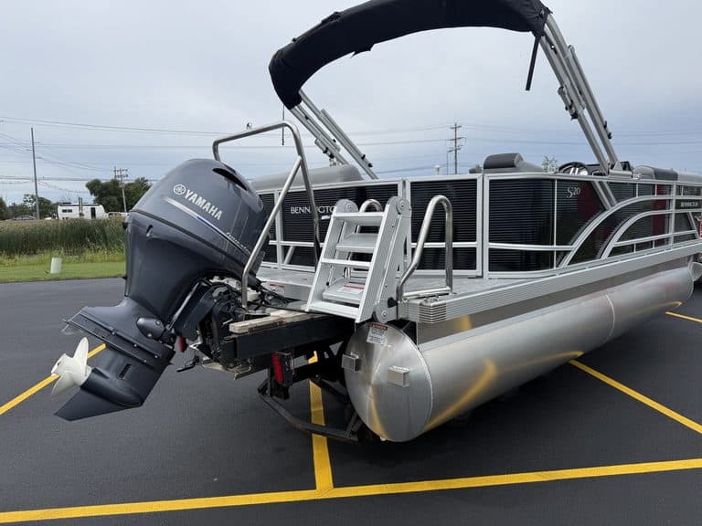 Pontoon boat with Yamaha outboard motor at Hall's Sport Center.