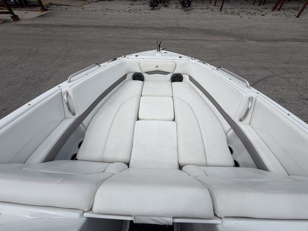 Close-up of the white interior of a Four Winns H260 boat.