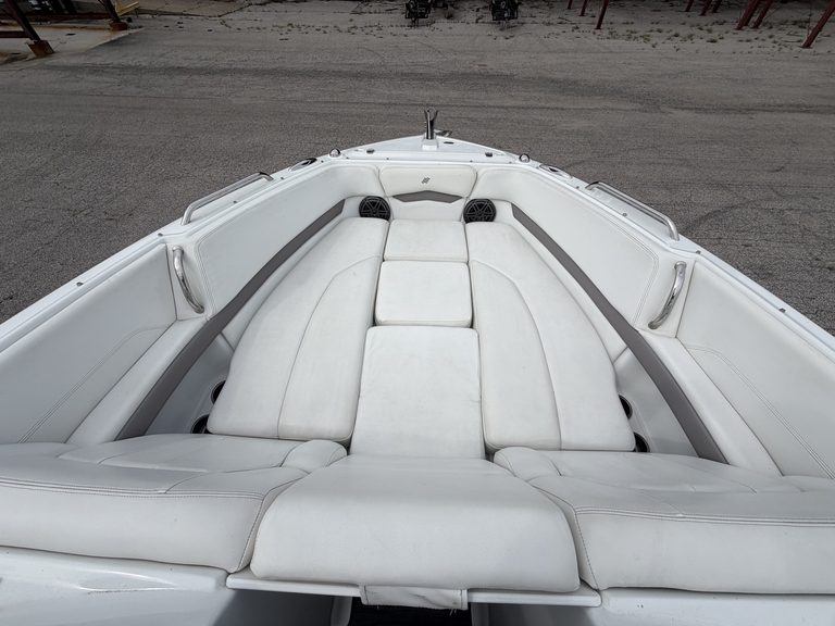 Close-up of the white interior of a Four Winns H260 boat.