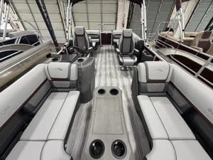 Interior view of a Bennington 22 SSR pontoon boat at Hall's Sport Center.
