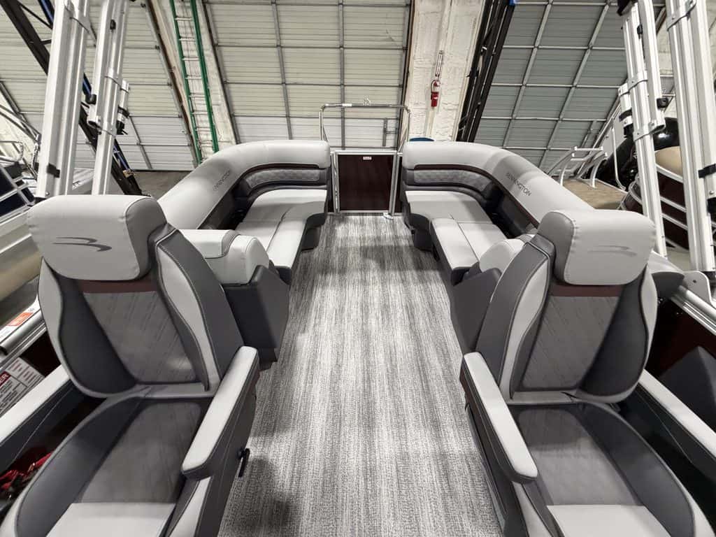 Bennington 22 SSR pontoon boat with spacious seating and modern design.