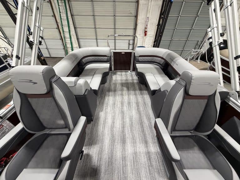 Bennington 22 SSR pontoon boat with spacious seating and modern design.
