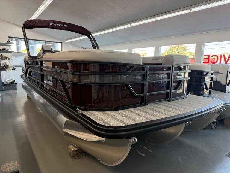 Bennington 23 SSR pontoon boat displayed at Hall's Sport Center.