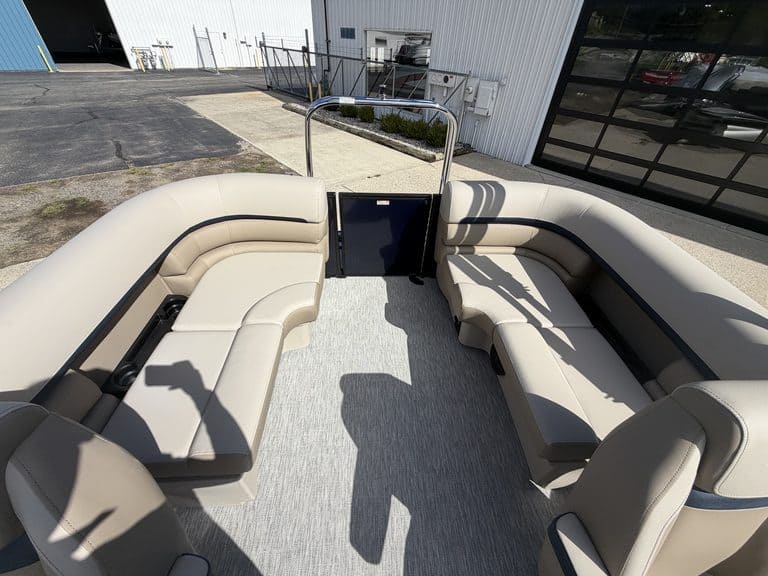 Comfortable boat seating area at Hall's Sport Center with curved benches.
