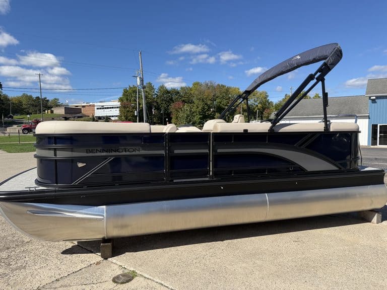 Bennington 20 SL pontoon boat on display at Hall's Sport Center.