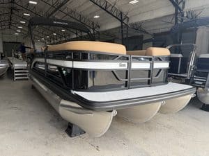 Bennington 22 SSR pontoon boat displayed at Hall's Sport Center.