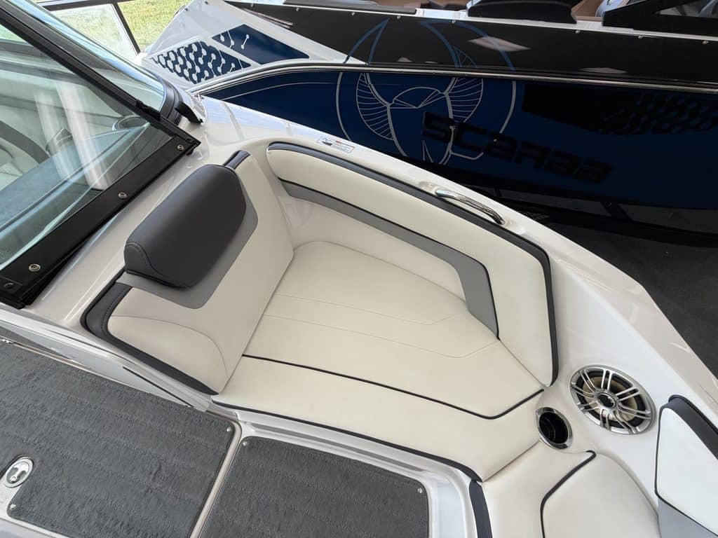 Close-up of the Yamaha Jet SX192 boat's interior seating and speaker system.