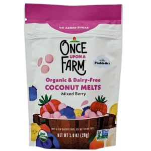 Organic dairy-free coconut melts with mixed berries for babies.