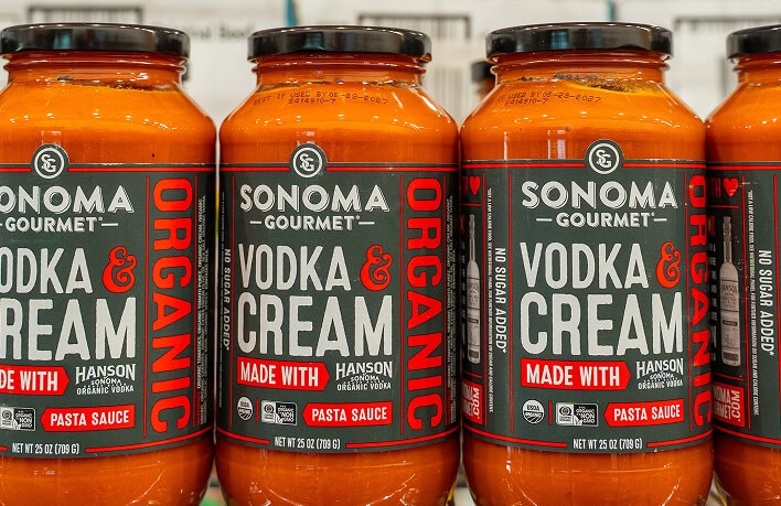 Organic vodka and cream jars from Sonoma Gourmet with pasta sauce label.