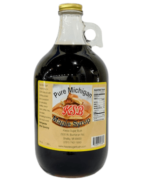 Pure Michigan maple syrup in a 64oz bottle from Kasza Sugar Bush.