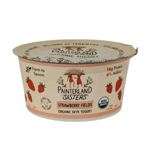 Organic strawberry skyr yogurt in a cup with strawberries and Painterland Sisters logo.