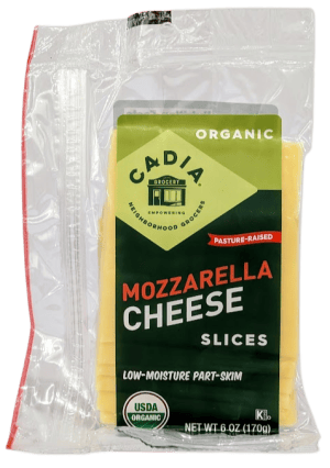 Organic Cadia mozzarella cheese slices in a clear package for healthy meals.