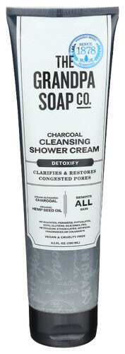 Charcoal cleansing shower gel by Grandpa Soap Co. for detox and pore cleansing.