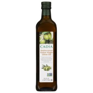 Cadia Mediterranean Extra Virgin Olive Oil bottle with olives on label.