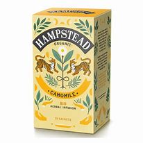 Hampstead Organic Camomile Tea box with herbal ingredients and natural design.