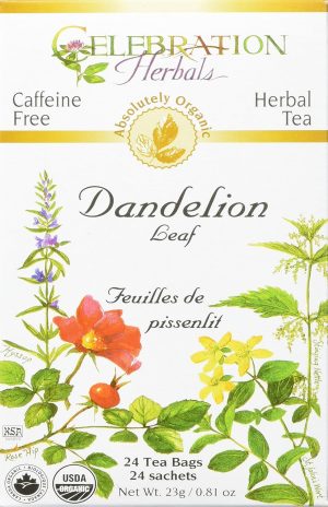 Dandelion leaf herbal tea packaging with botanical illustrations.
