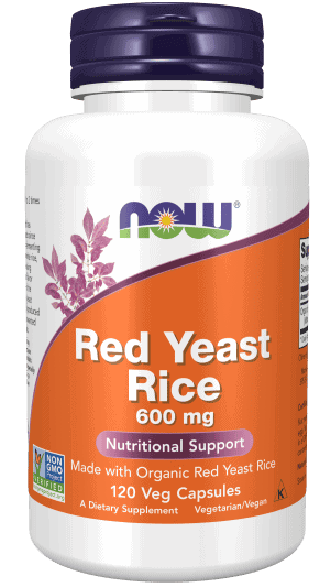 Red Yeast Rice supplement bottle with organic ingredients and vegan label.