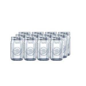 Set of eight clear wide mouth canning jars for food preservation.