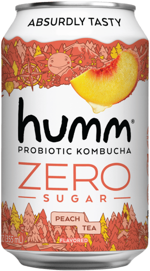 Humm Peach Tea Zero Sugar probiotic kombucha with peach slice and mountain scenery design.
