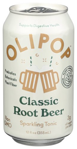 Olipop Classic Root Beer can with prebiotics and plant fiber for digestive health.