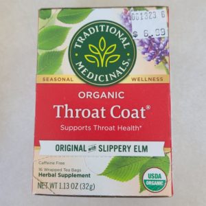 Organic Throat Coat tea box with slippery elm for throat health support.