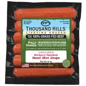 Uncured Hickory Smoked Beef Hot Dogs made with 100% grass-fed beef.