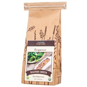 Organic radish sprouting seeds in a brown paper bag for planting.
