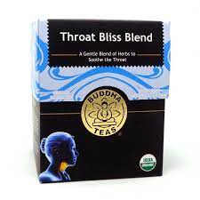 Throat Bliss Blend tea package with soothing herbal ingredients for throat relief.