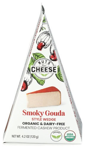 Organic Smoky Gouda cheese wedge with label and branding.