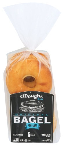 Vegan, gluten-free bagel in clear plastic packaging from Healthy Roots.