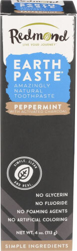 Redmond Earth Paste Peppermint natural toothpaste with activated charcoal for fresh breath.