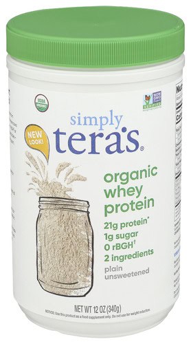 Organic whey protein powder in a jar with green lid, plain and unsweetened.