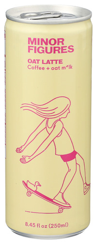 Minor Figures oat latte milk coffee can with skateboard illustration.