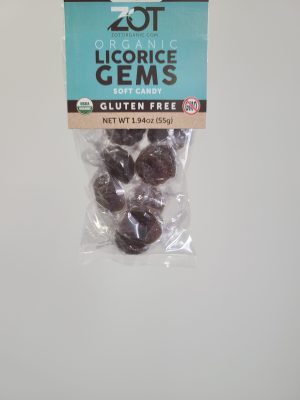 Organic Zot Licorice Gems gluten-free soft candy in clear bag.
