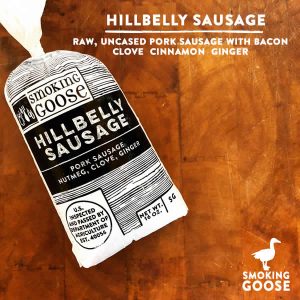 Healthy Roots Hillbilly Sausage packaging with pork, bacon, and spices.
