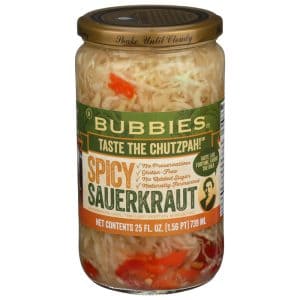 Healthy Roots spicy sauerkraut jar with vibrant label and ingredients.