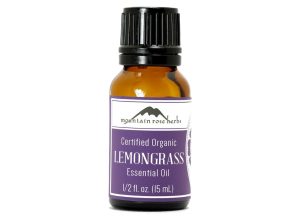 Certified organic lemongrass essential oil in small amber bottle with black cap.