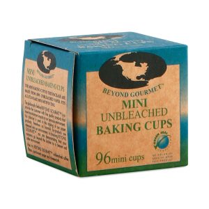 Mini unbleached baking cups in a blue box for baking and cupcake decorating.
