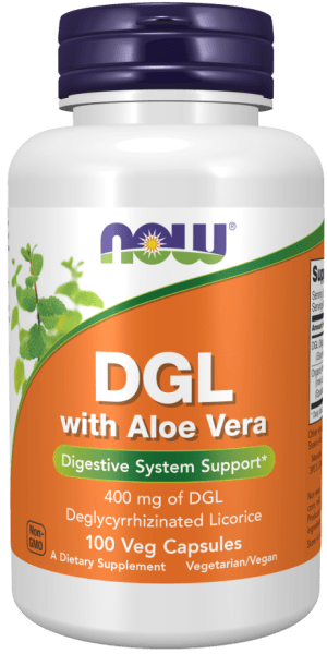 NOW DGL with Aloe Vera dietary supplement bottle for digestive health.
