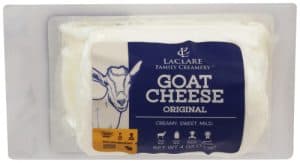 Laclare Farms goat cheese package with goat illustration and blue label.