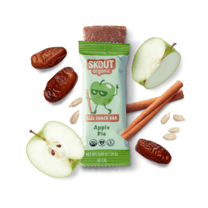 Healthy Roots apple pie kids snack bar with apple slices, dates, cinnamon, and sunflower seeds.